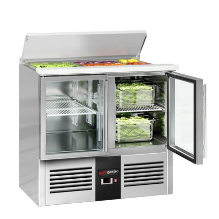 GGM Gastro Commercial Saladette Counter PREMIUM - 903mm - 240L - 2 glass doors - open top for 2 x GN 1/1 & 3 x GN 1/6 & stainless steel hinged lid