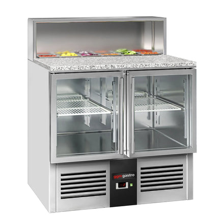 GGM Gastro Commercial Saladette Counter PREMIUM - 903mm - 240L - 2 glass doors - open top for 5 x GN 1/6 & stainless steel hinged lid
