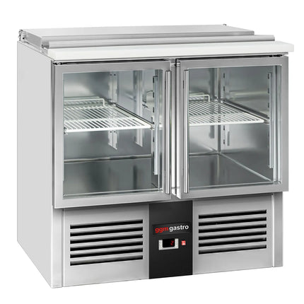 GGM Gastro Commercial Saladette Counter PREMIUM - 903mm - 240L - 2 glass doors - open top for 2 x GN 1/1 & 3 x GN 1/6 & stainless steel hinged lid