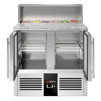 GGM Gastro Commercial Saladette Counter PREMIUM - 903mm - 240L - 2 glass doors - open top for 5 x GN 1/6 & stainless steel hinged lid