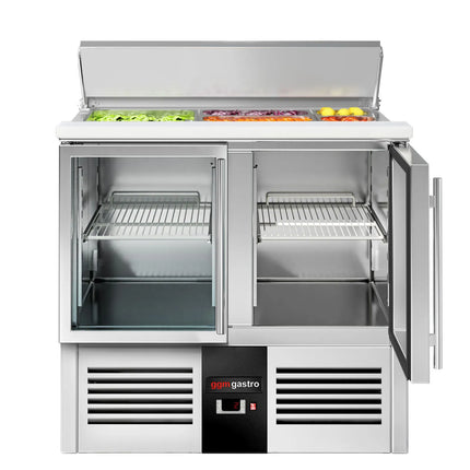 GGM Gastro Commercial Saladette Counter PREMIUM - 903mm - 240L - 2 glass doors - open top for 2 x GN 1/1 & 3 x GN 1/6 & stainless steel hinged lid
