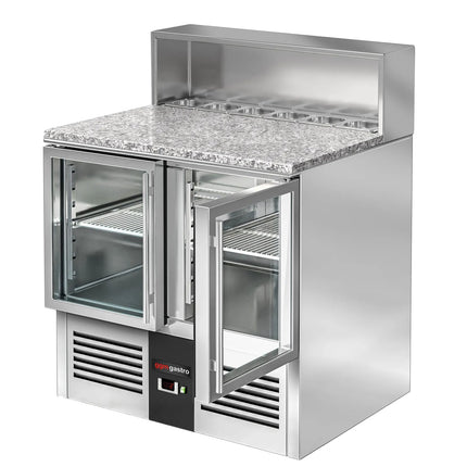 GGM Gastro Commercial Saladette Counter PREMIUM - 903mm - 240L - 2 glass doors - open top for 5 x GN 1/6 & stainless steel hinged lid