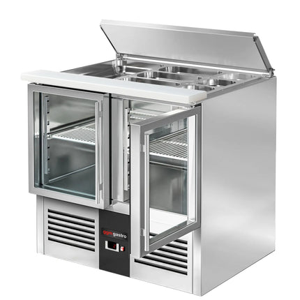 GGM Gastro Commercial Saladette Counter PREMIUM - 903mm - 240L - 2 glass doors - open top for 2 x GN 1/1 & 3 x GN 1/6 & stainless steel hinged lid