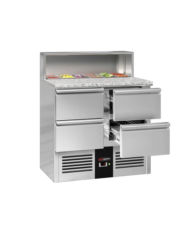 GGM Gastro Commercial Saladette Counter PREMIUM - 903mm - 240L - 4 drawers - open top for 5 x GN 1/6 & stainless steel hinged lid