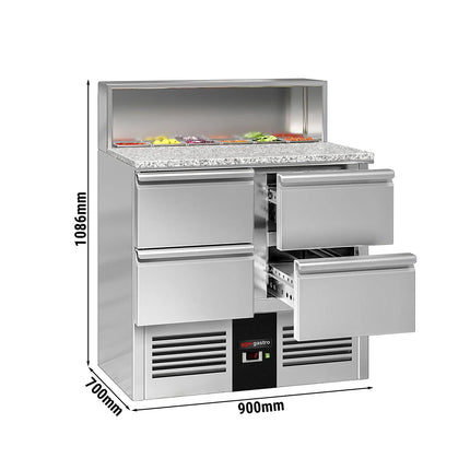 GGM Gastro Commercial Saladette Counter PREMIUM - 903mm - 240L - 4 drawers - open top for 5 x GN 1/6 & stainless steel hinged lid