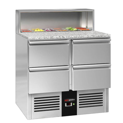 GGM Gastro Commercial Saladette Counter PREMIUM - 903mm - 240L - 4 drawers - open top for 5 x GN 1/6 & stainless steel hinged lid