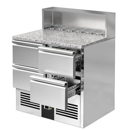 GGM Gastro Commercial Saladette Counter PREMIUM - 903mm - 240L - 4 drawers - open top for 5 x GN 1/6 & stainless steel hinged lid