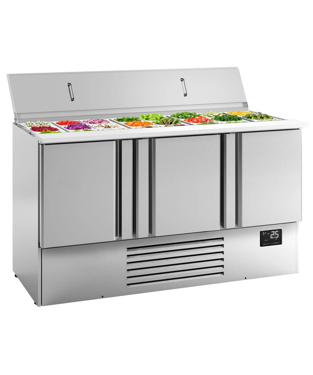 GGM Gastro Commercial Saladette Counter PREMIUM PLUS - 1460mm - 335L - 3 doors - open top for 9 x GN 1/3 & 6 x GN 1/6 & stainless steel hinged lid