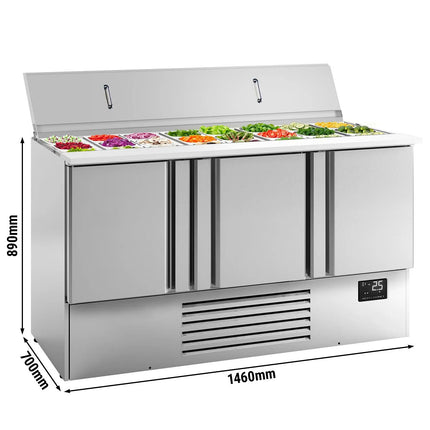 GGM Gastro Commercial Saladette Counter PREMIUM PLUS - 1460mm - 335L - 3 doors - open top for 9 x GN 1/3 & 6 x GN 1/6 & stainless steel hinged lid