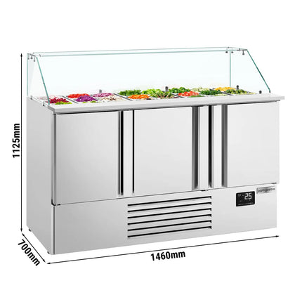 GGM Gastro Commercial Saladette Counter PREMIUM PLUS - 1460mm - 335L - 3 doors - with square glass canopy for 9 x GN 1/3 & 6 x GN 1/6