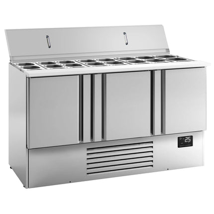 GGM Gastro Commercial Saladette Counter PREMIUM PLUS - 1460mm - 335L - 3 doors - open top for 9 x GN 1/3 & 6 x GN 1/6 & stainless steel hinged lid