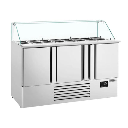 GGM Gastro Commercial Saladette Counter PREMIUM PLUS - 1460mm - 335L - 3 doors - with square glass canopy for 9 x GN 1/3 & 6 x GN 1/6