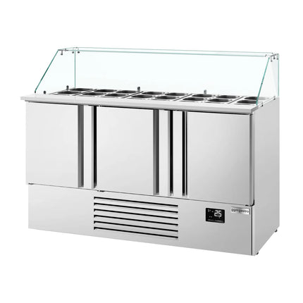 GGM Gastro Commercial Saladette Counter PREMIUM PLUS - 1460mm - 335L - 3 doors - with square glass canopy for 9 x GN 1/3 & 6 x GN 1/6