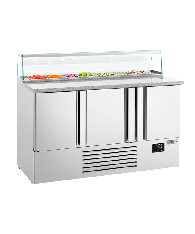 GGM Gastro Commercial Saladette Counter PREMIUM PLUS - 1460mm - 355L - 3 doors - with glass canopy for 8 x GN 1/6