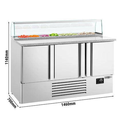 GGM Gastro Commercial Saladette Counter PREMIUM PLUS - 1460mm - 355L - 3 doors - with glass canopy for 8 x GN 1/6