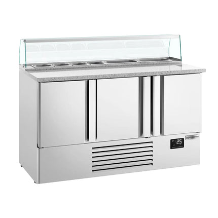 GGM Gastro Commercial Saladette Counter PREMIUM PLUS - 1460mm - 355L - 3 doors - with glass canopy for 8 x GN 1/6