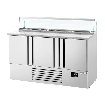GGM Gastro Commercial Saladette Counter PREMIUM PLUS - 1460mm - 355L - 3 doors - with glass canopy for 8 x GN 1/6