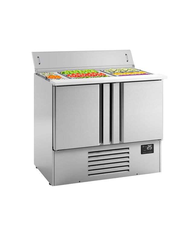 GGM Gastro Commercial Saladette Counter PREMIUM PLUS - 978mm - 230L - 2 doors - open top for 6 x GN 1/3 & 3 x GN 1/6 & stainless steel hinged lid