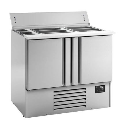 GGM Gastro Commercial Saladette Counter PREMIUM PLUS - 978mm - 230L - 2 doors - open top for 6 x GN 1/3 & 3 x GN 1/6 & stainless steel hinged lid