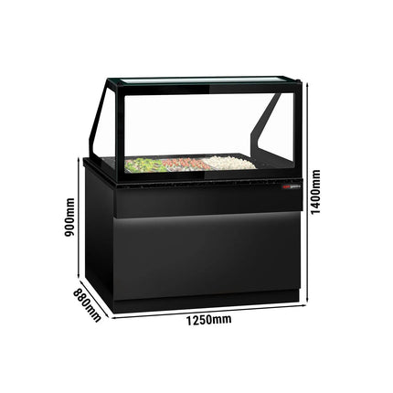 GGM Gastro Commercial Saladette Counter TORONTO - 1250mm - 800L - Black Front - 2 doors - with square glass canopy for 3 x GN 1/1 & 1 shelf - black granite worktop