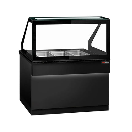 GGM Gastro Commercial Saladette Counter TORONTO - 1250mm - 800L - Black Front - 2 doors - with square glass canopy for 3 x GN 1/1 & 1 shelf - black granite worktop