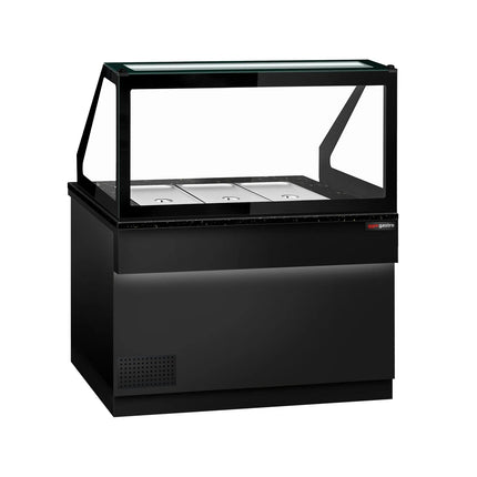 GGM Gastro Commercial Saladette Counter TORONTO - 1250mm - 800L - Black Front - 2 doors - with square glass canopy for 3 x GN 1/1 & 1 shelf - black granite worktop