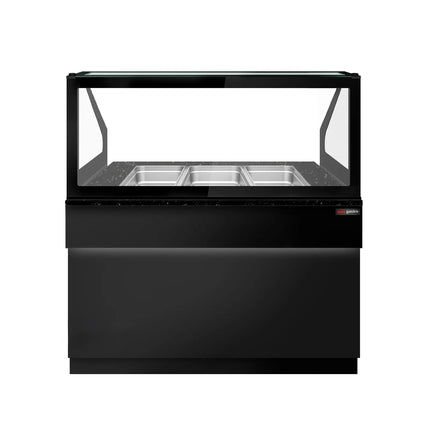 GGM Gastro Commercial Saladette Counter TORONTO - 1250mm - 800L - Black Front - 2 doors - with square glass canopy for 3 x GN 1/1 & 1 shelf - black granite worktop