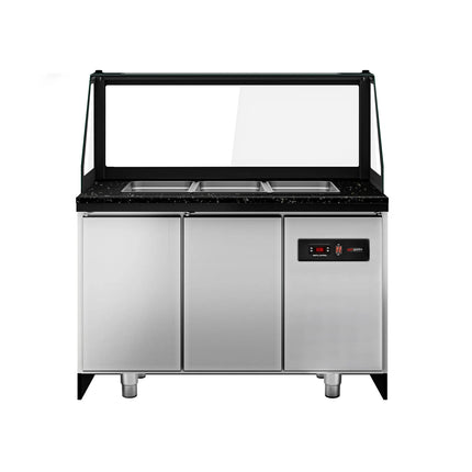 GGM Gastro Commercial Saladette Counter TORONTO - 1250mm - 800L - Black Front - 2 doors - with square glass canopy for 3 x GN 1/1 & 1 shelf - black granite worktop