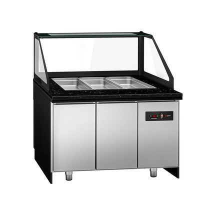 GGM Gastro Commercial Saladette Counter TORONTO - 1250mm - 800L - Black Front - 2 doors - with square glass canopy for 3 x GN 1/1 & 1 shelf - black granite worktop