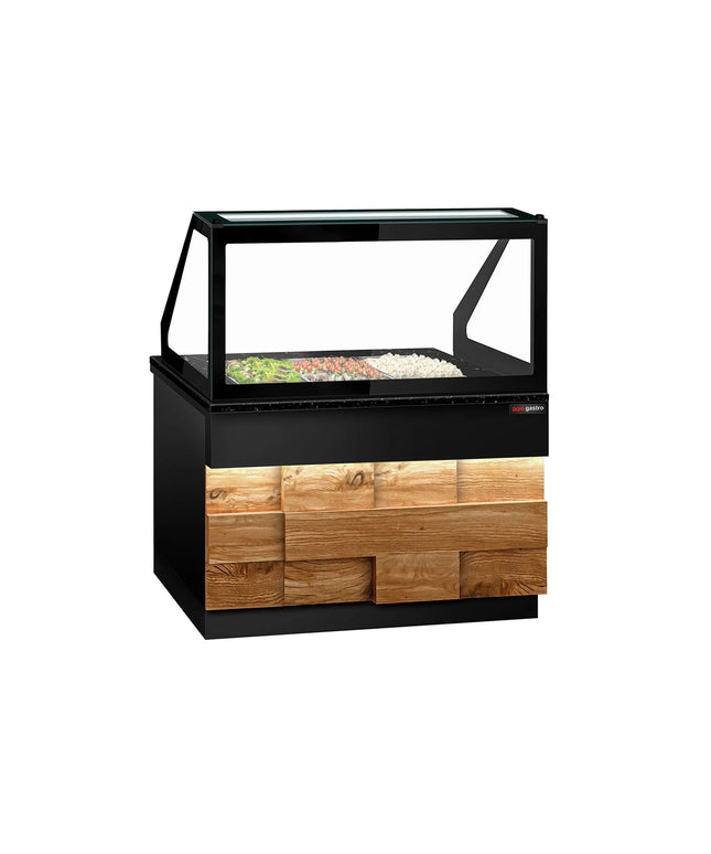 GGM Gastro Commercial Saladette Counter TORONTO - 1250mm - 800L - Wood Front - 2 doors - with square glass canopy for 3 x GN 1/1 & 1 shelf - black granite worktop