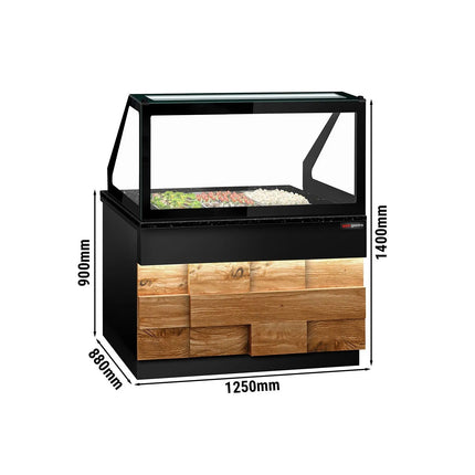 GGM Gastro Commercial Saladette Counter TORONTO - 1250mm - 800L - Wood Front - 2 doors - with square glass canopy for 3 x GN 1/1 & 1 shelf - black granite worktop