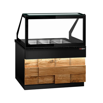 GGM Gastro Commercial Saladette Counter TORONTO - 1250mm - 800L - Wood Front - 2 doors - with square glass canopy for 3 x GN 1/1 & 1 shelf - black granite worktop