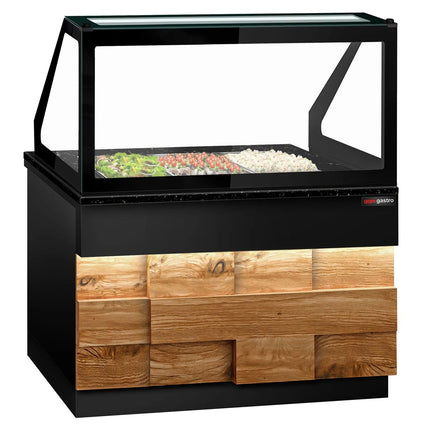 GGM Gastro Commercial Saladette Counter TORONTO - 1250mm - 800L - Wood Front - 2 doors - with square glass canopy for 3 x GN 1/1 & 1 shelf - black granite worktop