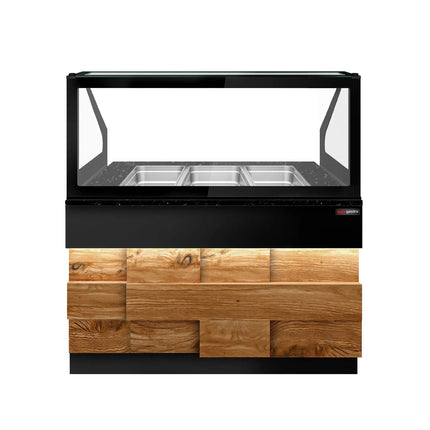 GGM Gastro Commercial Saladette Counter TORONTO - 1250mm - 800L - Wood Front - 2 doors - with square glass canopy for 3 x GN 1/1 & 1 shelf - black granite worktop