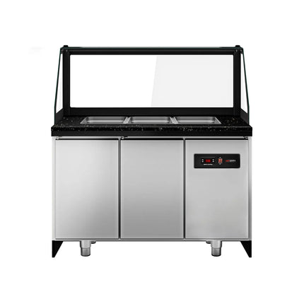 GGM Gastro Commercial Saladette Counter TORONTO - 1250mm - 800L - Wood Front - 2 doors - with square glass canopy for 3 x GN 1/1 & 1 shelf - black granite worktop