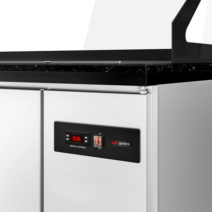 GGM Gastro Commercial Saladette Counter TORONTO - 1250mm - 800L - Wood Front - 2 doors - with square glass canopy for 3 x GN 1/1 & 1 shelf - black granite worktop
