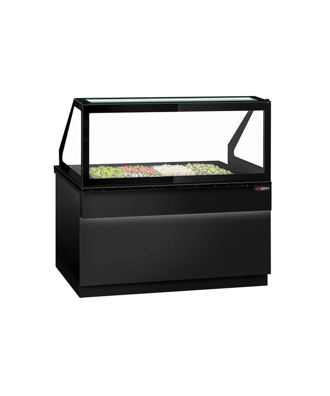 GGM Gastro Commercial Saladette Counter TORONTO - 1500mm - 1000L - Black Front - 2 doors - with square glass canopy for 4 x GN 1/1 & 1 shelf - black granite worktop