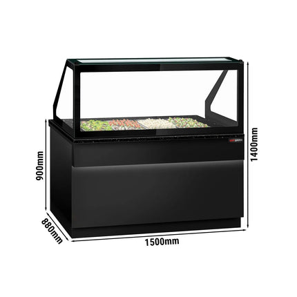 GGM Gastro Commercial Saladette Counter TORONTO - 1500mm - 1000L - Black Front - 2 doors - with square glass canopy for 4 x GN 1/1 & 1 shelf - black granite worktop