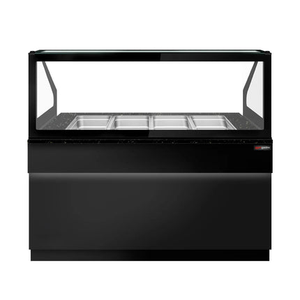 GGM Gastro Commercial Saladette Counter TORONTO - 1500mm - 1000L - Black Front - 2 doors - with square glass canopy for 4 x GN 1/1 & 1 shelf - black granite worktop