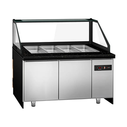 GGM Gastro Commercial Saladette Counter TORONTO - 1500mm - 1000L - Black Front - 2 doors - with square glass canopy for 4 x GN 1/1 & 1 shelf - black granite worktop