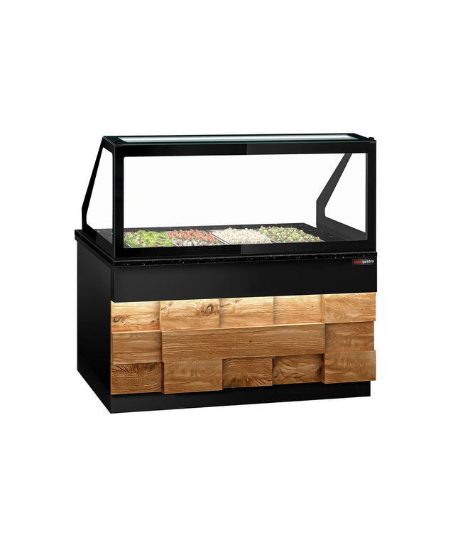 GGM Gastro Commercial Saladette Counter TORONTO - 1500mm - 1000L - Wood Front - 2 doors - with square glass canopy for 4 x GN 1/1 & 1 shelf - black granite worktop