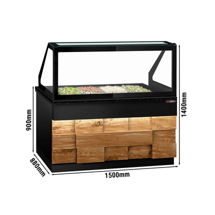 GGM Gastro Commercial Saladette Counter TORONTO - 1500mm - 1000L - Wood Front - 2 doors - with square glass canopy for 4 x GN 1/1 & 1 shelf - black granite worktop