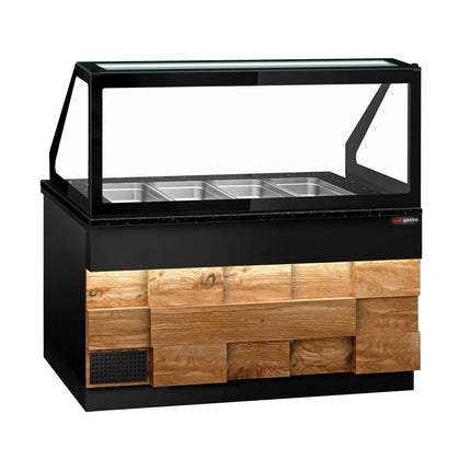 GGM Gastro Commercial Saladette Counter TORONTO - 1500mm - 1000L - Wood Front - 2 doors - with square glass canopy for 4 x GN 1/1 & 1 shelf - black granite worktop
