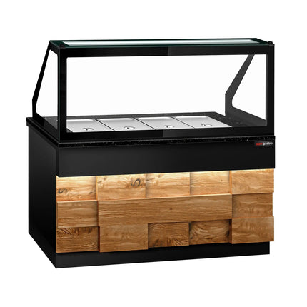 GGM Gastro Commercial Saladette Counter TORONTO - 1500mm - 1000L - Wood Front - 2 doors - with square glass canopy for 4 x GN 1/1 & 1 shelf - black granite worktop