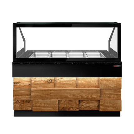 GGM Gastro Commercial Saladette Counter TORONTO - 1500mm - 1000L - Wood Front - 2 doors - with square glass canopy for 4 x GN 1/1 & 1 shelf - black granite worktop