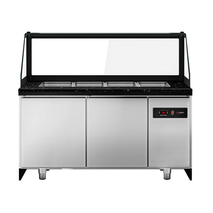 GGM Gastro Commercial Saladette Counter TORONTO - 1500mm - 1000L - Wood Front - 2 doors - with square glass canopy for 4 x GN 1/1 & 1 shelf - black granite worktop
