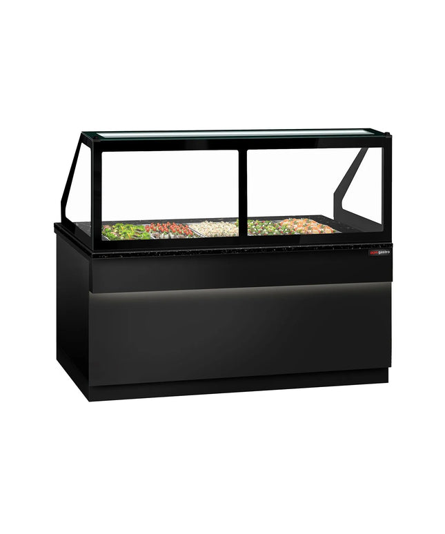 GGM Gastro Commercial Saladette Counter TORONTO - 2000mm - 1200L - Black Front - 3 doors - with square glass canopy for 5 x GN 1/1 & 1 shelf - black granite worktop