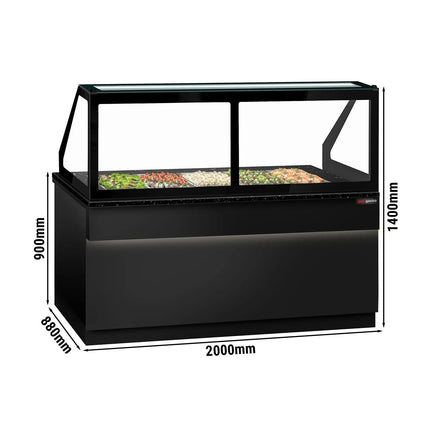 GGM Gastro Commercial Saladette Counter TORONTO - 2000mm - 1200L - Black Front - 3 doors - with square glass canopy for 5 x GN 1/1 & 1 shelf - black granite worktop