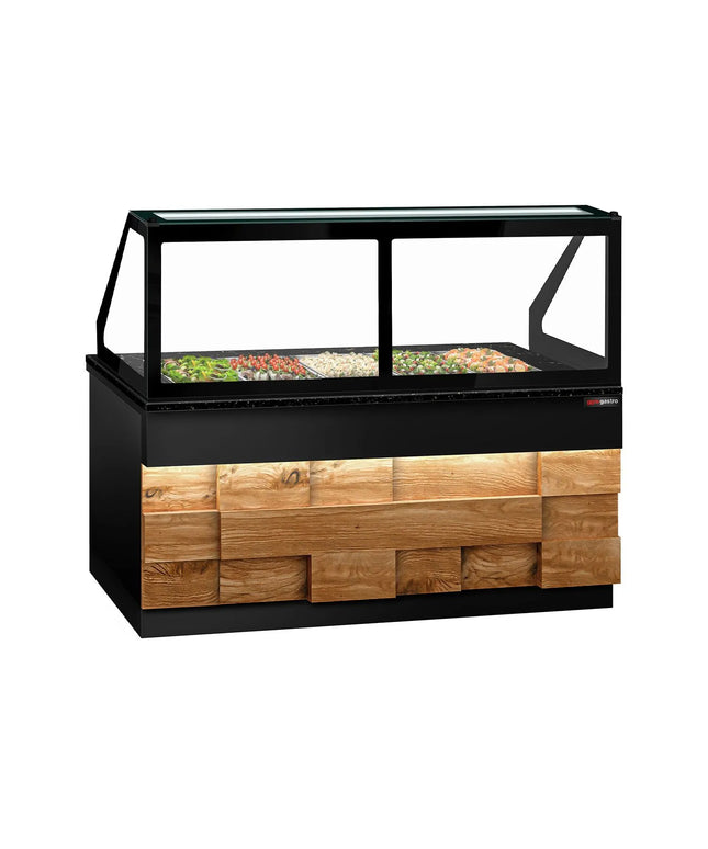 GGM Gastro Commercial Saladette Counter TORONTO - 2000mm - 1200L - Wood Front - 3 doors - with square glass canopy for 5 x GN 1/1 & 1 shelf - black granite worktop