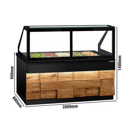 GGM Gastro Commercial Saladette Counter TORONTO - 2000mm - 1200L - Wood Front - 3 doors - with square glass canopy for 5 x GN 1/1 & 1 shelf - black granite worktop